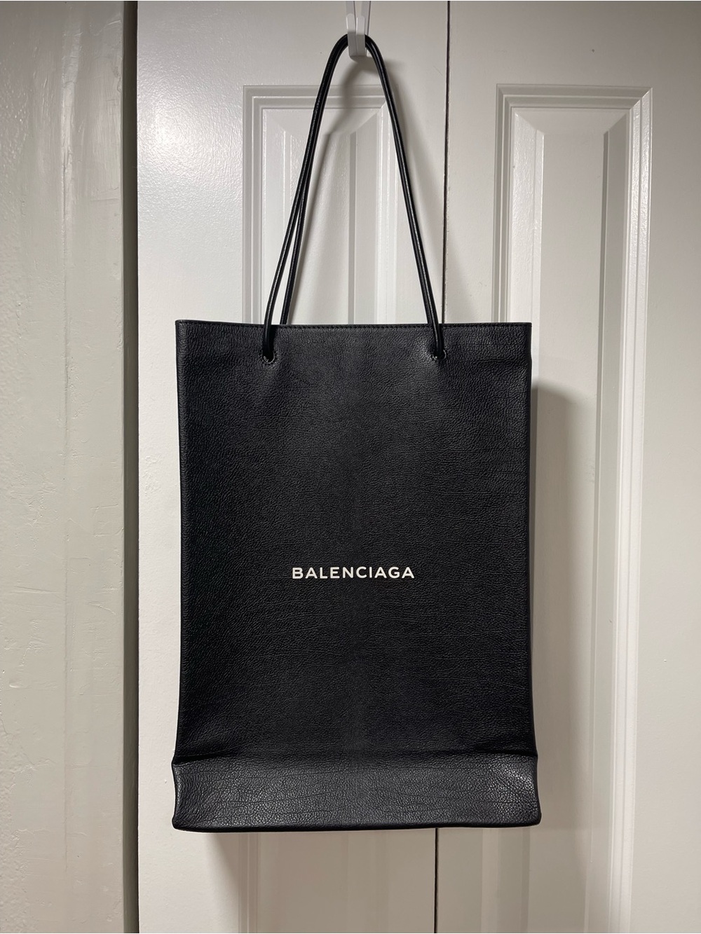 Balenciaga Black Leather Shopping Tote Bag with Logo